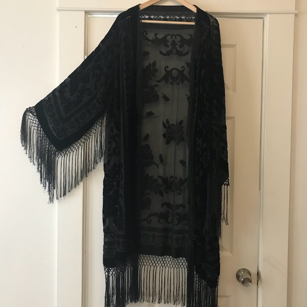 Vintage burnout velvet kimono jacket fringe black